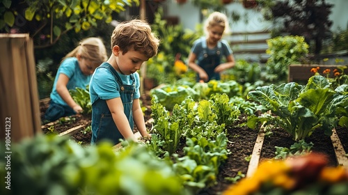 Wallpaper Mural 2D background of an outdoor school garden with vegetables growing and students learning about nature, hyper-realistic, sharp images, high quality Torontodigital.ca
