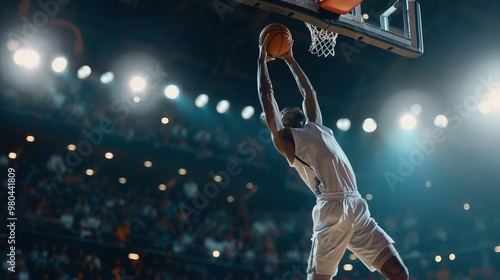 Basketball Player Scoring Winning Points Mid-Air During High-Stakes Game, Intense Focus with Roaring Crowd and Dramatic Court Lights