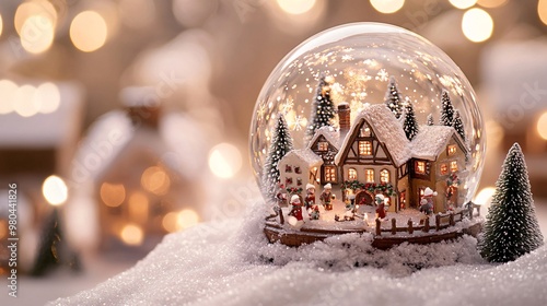 A picturesque image of a snow globe featuring a snowy Christmas village with miniature houses, twinkling lights, and festive holiday figures enjoying the season