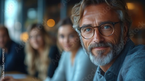 Confident Middle Aged Man Smiling at Camera with Friends in Background