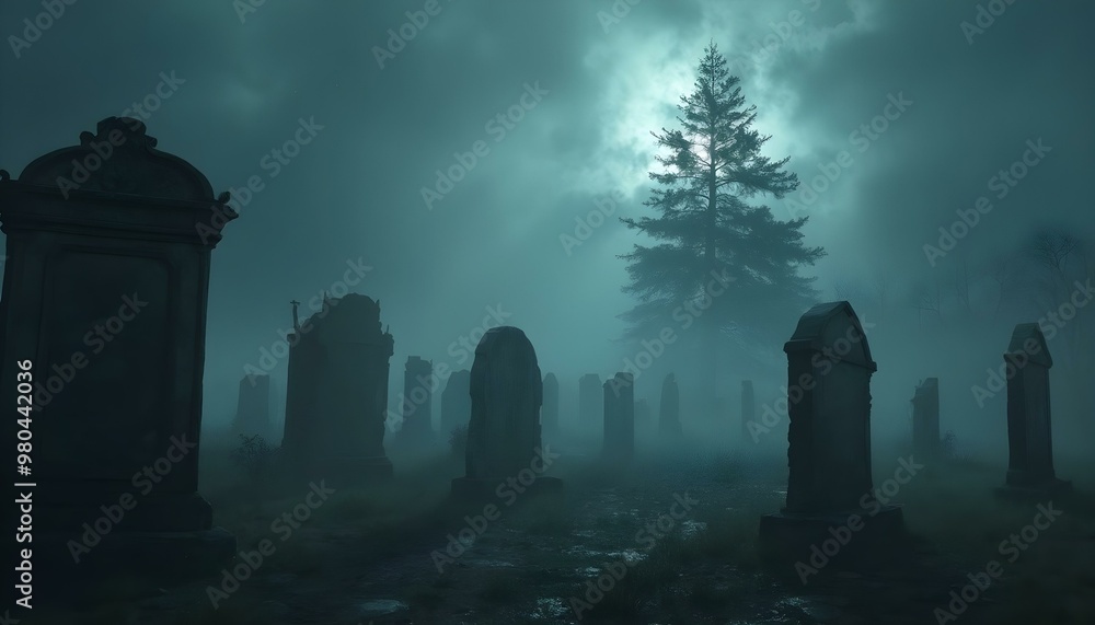 A deserted graveyard bathed in soft moonlight, creating a hauntingly serene atmosphere filled with shadows and silhouettes.