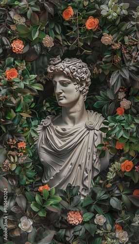 Elegant apollo statue framed by lush plants and vibrant flowers showcasing nature s beauty