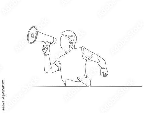 Continuous one line drawing of man holding megaphone. One line drawing illustration of international human rights day. Democracy, demonstration, awareness, protest concept line art. Editable outline.