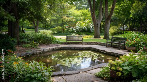 Serene Urban Oasis with Pond Trees and Peaceful Seating Area