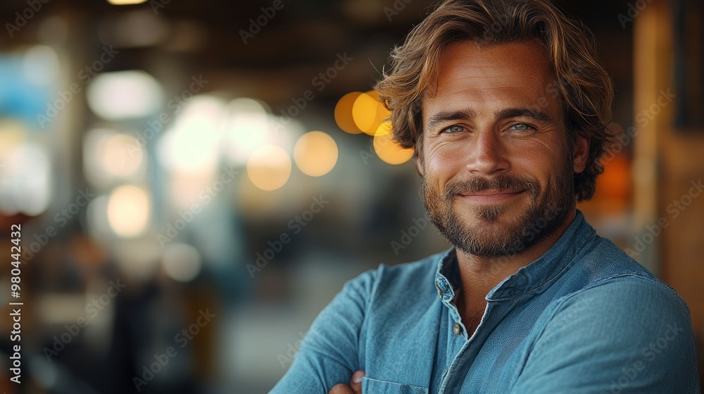 Smiling man with beard and blue shirt, looking at camera Smiling man with beard and blue shirt, looking at camera