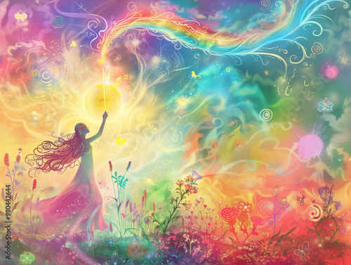 A goddess raising a magic wand with rainbow waves radiating from it, set in a garden background with colorful swirling radiating from the sun, surrounded by a rainbow circle of mysterious patterns, so