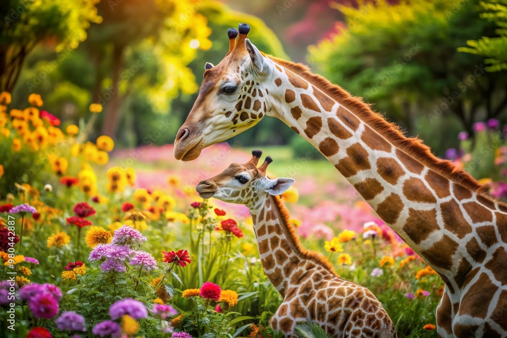 Fototapeta premium Adorable giraffe mother and baby duo sit together in a vibrant floral garden, sharing a tender moment amidst lush greenery and colorful blooming flowers.