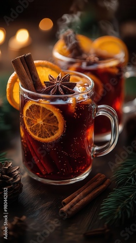 rustic winter scene with steaming mulled wine in glass mugs garnished with cinnamon sticks and orange slices on a weathered wooden table with pine branches photo