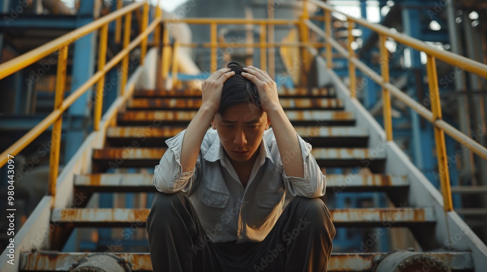 Stressed Unemployed Engineer Sitting on Stairs at Industrial Site, Reflecting Economic Downturn and Job Loss Stressed Unemployed Engineer Sitting on Stairs at Industrial Site, Reflecting Economic Downturn and Job Loss