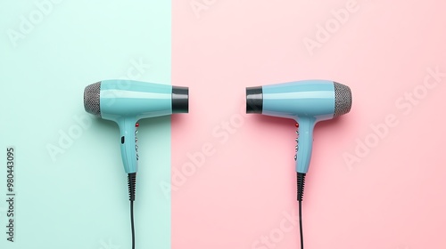 Two blue hair dryers on a pastel background.
