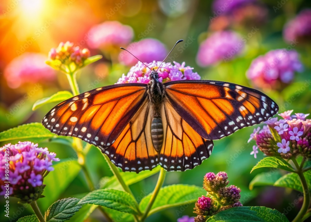 Obraz premium Vibrant orange monarch butterfly perches on delicate purple lantana flowers, surrounded by lush green foliage, basking in warm sunlight on a serene summer day.
