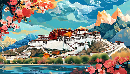 Magnificent view of Potala Palace in Lhasa, Tibet. Chinese style illustrations showcase the beauty of history and nature. photo