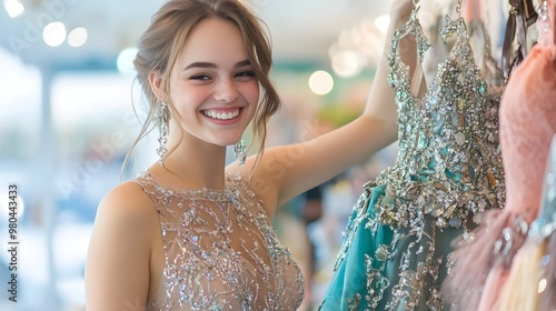 Happy Woman Shopping for a Sparkling Dress