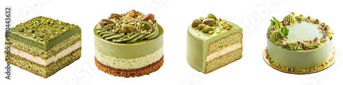 Assortment of elegantly designed gourmet cakes and desserts featuring layers of creamy textures pistachio accents and sophisticated visual presentations photo