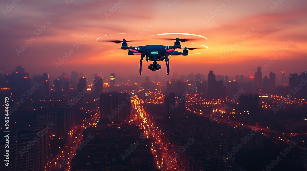 Aerial view of a drone executing circular surveillance patterns over a smart city, capturing tech hubs and futuristic architecture during twilight Aerial view of a drone executing circular surveillance patterns over a smart city, capturing tech hubs and futuristic architecture during twilight