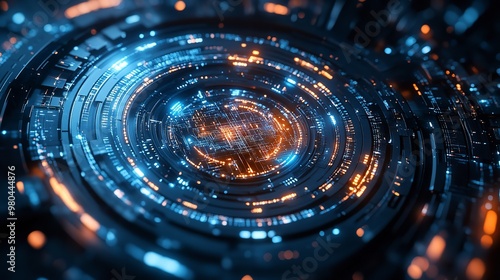 Wallpaper Mural Abstract futuristic technology background with a glowing digital vortex in blue and orange, representing data flow and advanced technology. Torontodigital.ca