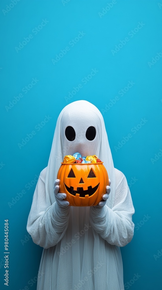 A person dressed as a ghost holds a carved pumpkin filled with colorful candies against a bright blue background during Halloween festivities A person dressed as a ghost holds a carved pumpkin filled with colorful candies against a bright blue background during Halloween festivities