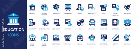 Education flat icons set. Learning, school, university, success, academic icons and more signs. Flat icon collection.