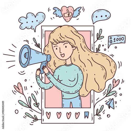 Vector illustration with the concept of business, advertising on social networks. A young woman shouting into a megaphone shares recommendations about digital marketing.