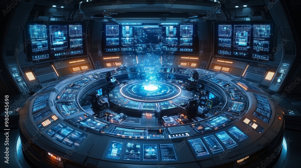 Circular control hub, operators using holographic projections, sleek futuristic environment, transparent screens, high-tech precision, glowing blue and white tones Circular control hub, operators using holographic projections, sleek futuristic environment, transparent screens, high-tech precision, glowing blue and white tones