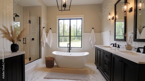 The Bath and toilet on bathroom japanese wabi sabi style .3D rendering, Mock up frame in bathroom interior with ladder,