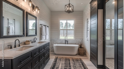 The Bath and toilet on bathroom japanese wabi sabi style .3D rendering, Mock up frame in bathroom interior with ladder,