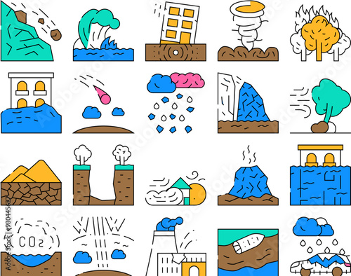 Disaster Destruction Collection Icons Set Vector. Freezing Rain And Heavy Rainfall, Sandstorm And Hurricane, Forest Fire And Drought Disaster Contour Illustrations