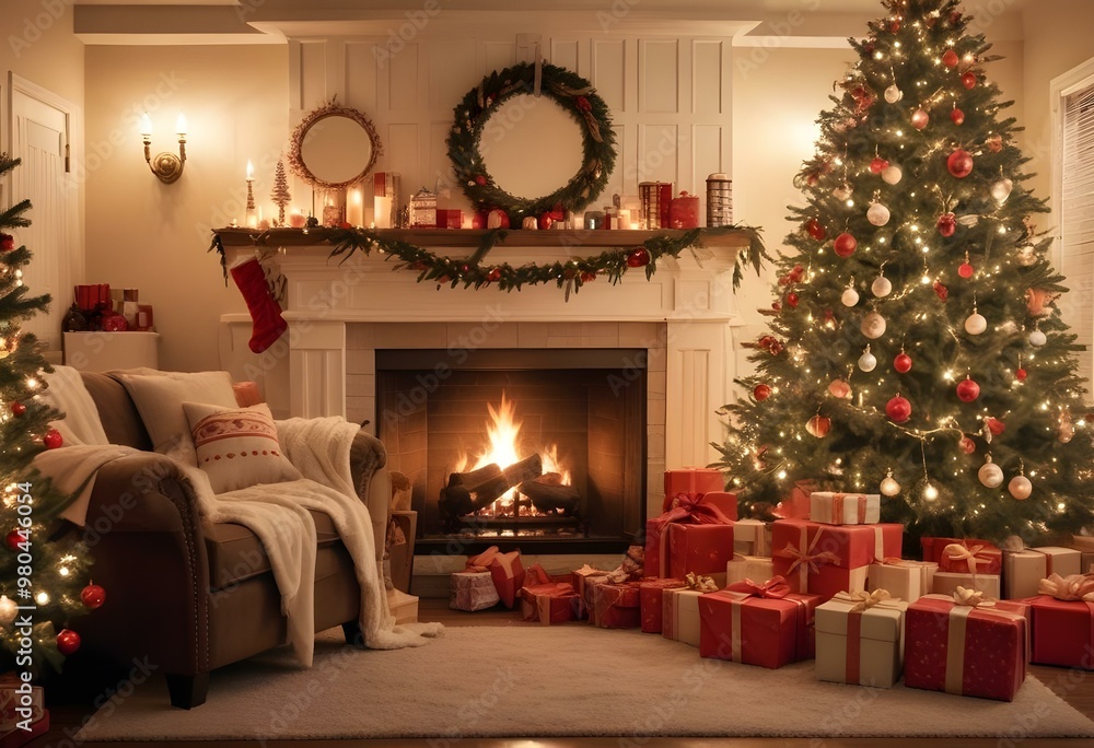 Fototapeta premium A cozy living room with a fireplace, Christmas tree, and presents during the holiday season.
