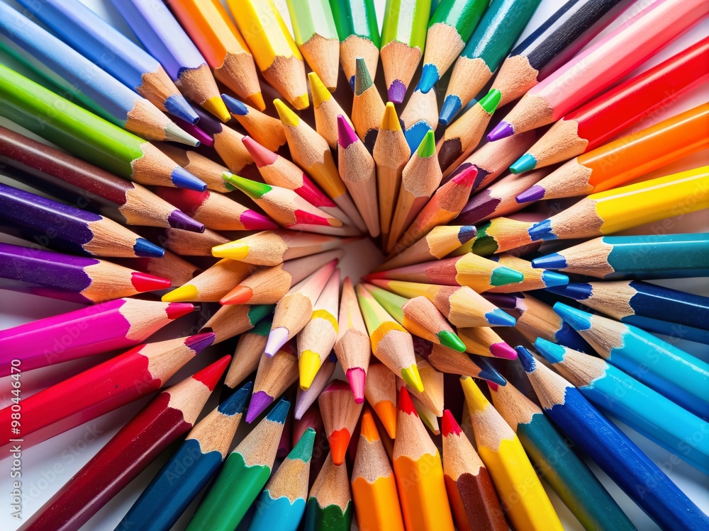 Vibrant arrangement of colorful pencils and crayons scattered artfully on a pristine white background, creating a captivating and inviting copy space for creative designs. Vibrant arrangement of colorful pencils and crayons scattered artfully on a pristine white background, creating a captivating and inviting copy space for creative designs.