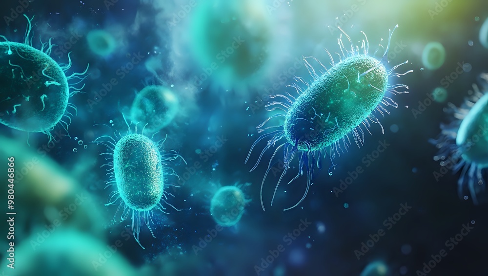 Microscopic view of bacteria cells with blue and green colors. Microscopic view of bacteria cells with blue and green colors.