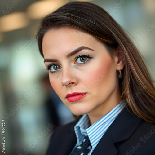 A beautiful, serious businesswoman, looking at the camera, wearing a formal uniform, hair is tidy, blurred background