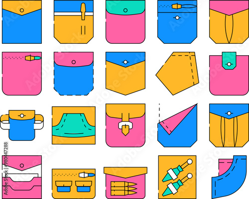 Patch Pocket Clothes Collection Icons Set Vector. Pocket With Clasp And Button For Storage Bullet And Knife, Credit Cards And Coins, Contour Illustrations