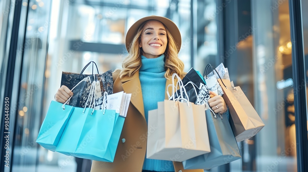 Happy Woman Shopping with Bags in City Happy Woman Shopping with Bags in City