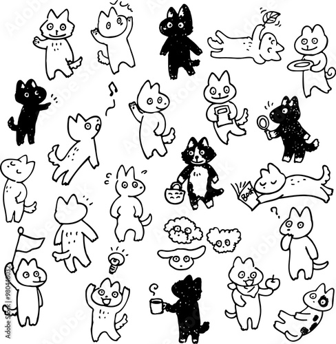 犬のキャラクターの手書きイラストセット