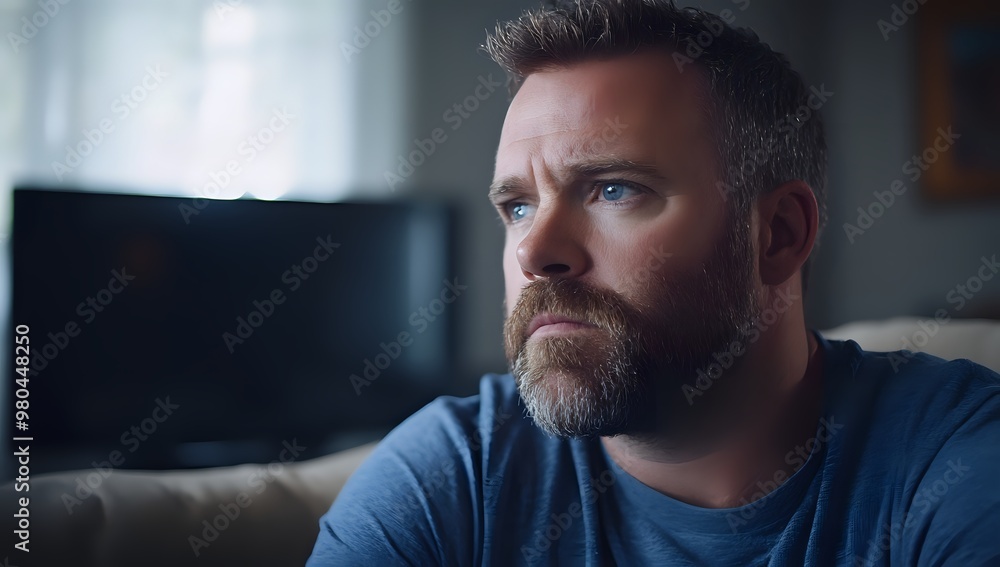 Fototapeta premium A man with a beard looking thoughtfully off-camera.