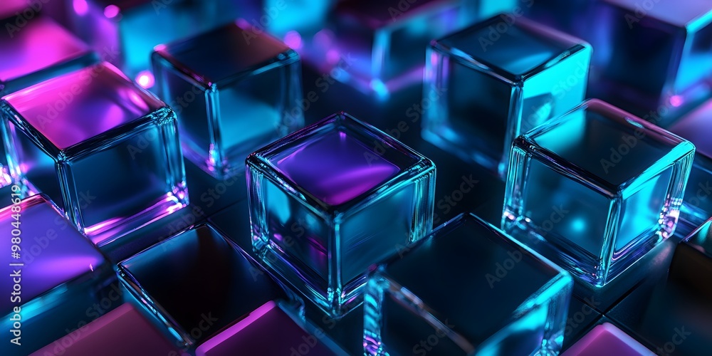 3D render, abstract geometric background with blue and purple glass squares cube 3D render, abstract geometric background with blue and purple glass squares cube