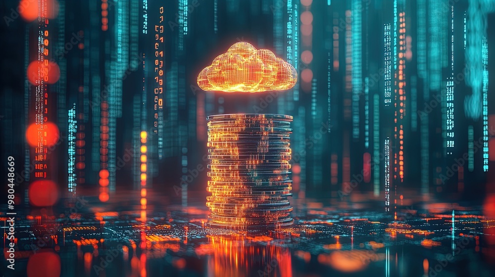 Obraz premium Visions of Finance: A Futuristic Poster Featuring a Towering Coin Stack and Holographic Cloud, Perfect for Inspiring Tech-Centric Spaces and Sports Interiors in the Era of Digital Transformation.