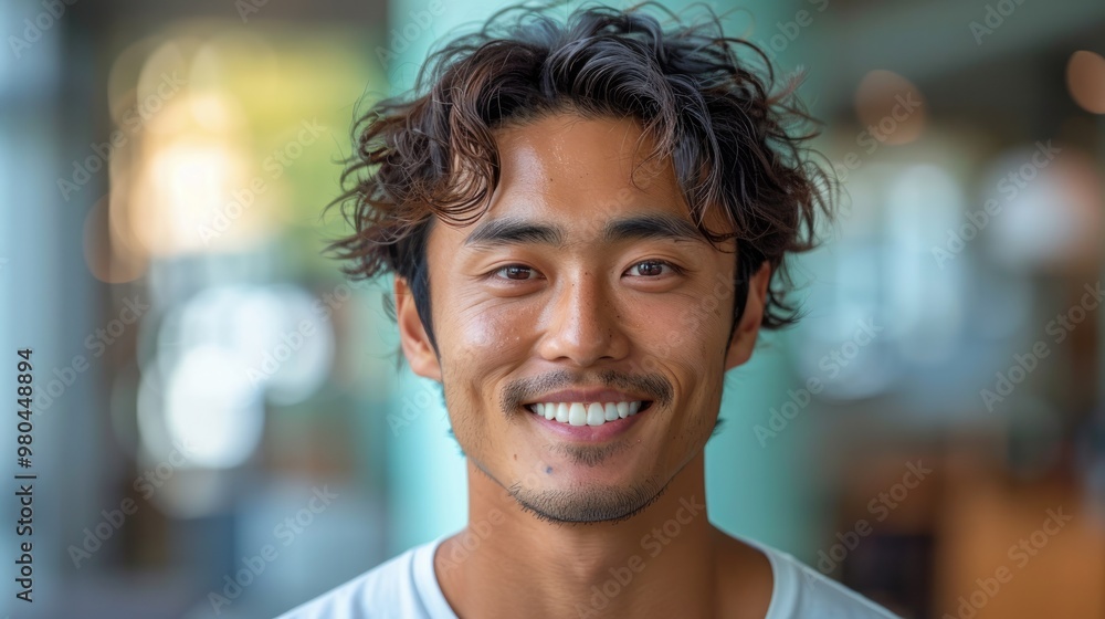 portrait of young asian man with teeth smile in plain white t-shirt in modern cafe portrait of young asian man with teeth smile in plain white t-shirt in modern cafe