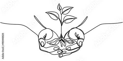Continuous one line growing sprout in the hands of man, Eco concept, Man holding plants, continuous line of man holding green plant in hand vector illustration, Hand held seedlings, Farmers plant tree