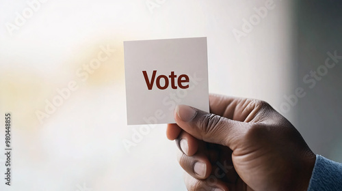 A detailed shot of a person holding a voting card, the word "Vote" visible and prominent. The hand gripping the card conveys a sense of empowerment, responsibility, and action. Soft lighting