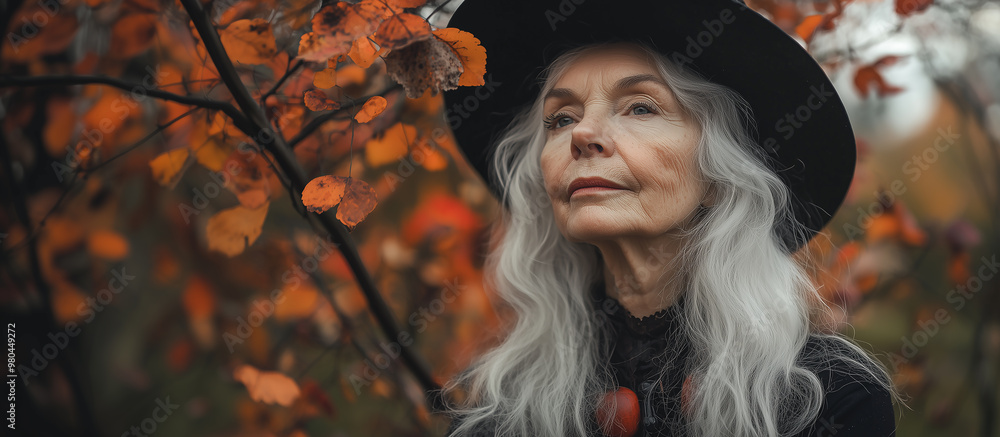 Elegant Silver-Haired Woman in Witch Hat with Autumn Leaves Elegant Silver-Haired Woman in Witch Hat with Autumn Leaves