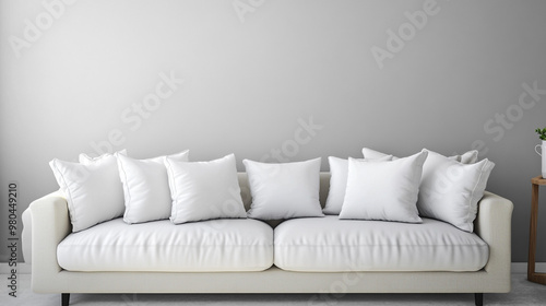 Living room interior with gray velvet sofa, pillows, green plaid, Interior living room wall mockup with leather sofa and decor on white background.