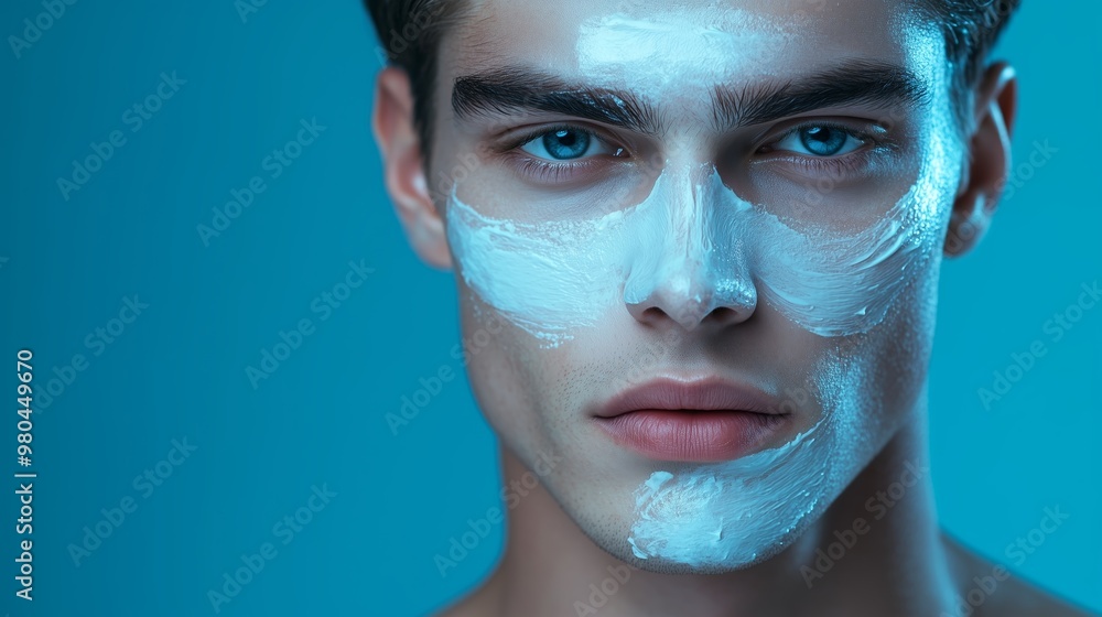 Fototapeta premium Young man applying facial mask with a blue background in a skincare routine at home during evening hours for a fresh complexion