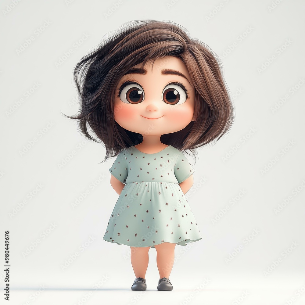 A cute chibi baby girl stands joyfully in her pastel dress, showcasing her dark short hair and bright brown eyes on a white backdrop. A cute chibi baby girl stands joyfully in her pastel dress, showcasing her dark short hair and bright brown eyes on a white backdrop.