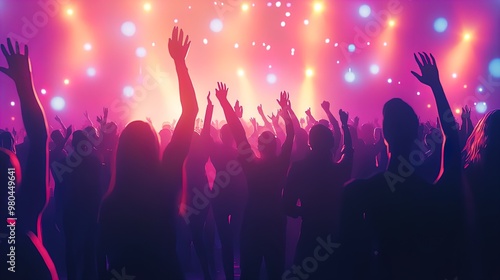 Vibrant Music Festival Vibes: Capturing Enthusiastic Fans Dancing with Hands in the Air – Perfect for Your Sporty Interior Poster!