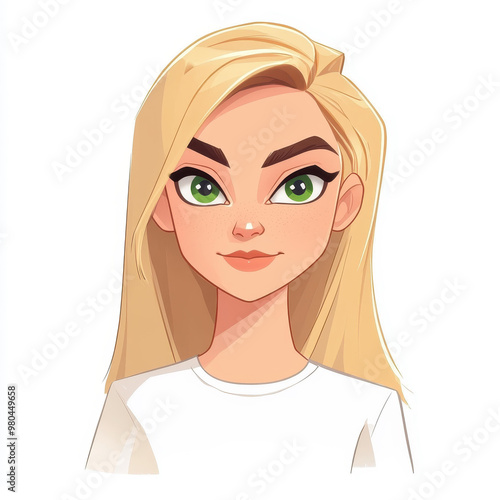 A vibrant cartoon of a 3yearold woman with straight blonde hair and striking green eyes, showcasing her unique charm.