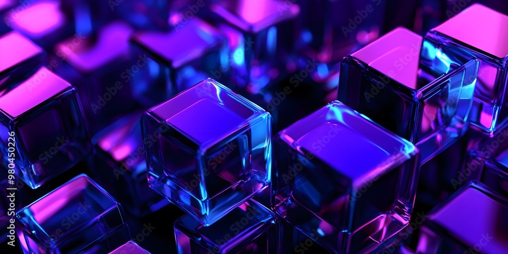 3D render, abstract geometric background with blue and purple glass squares cube 3D render, abstract geometric background with blue and purple glass squares cube