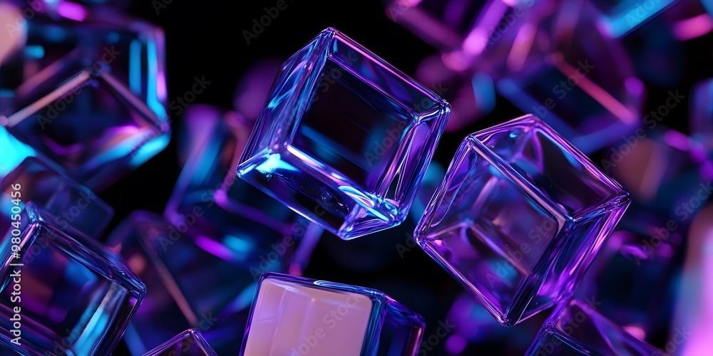 3D render, abstract geometric background with blue and purple glass squares cube 3D render, abstract geometric background with blue and purple glass squares cube