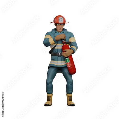 Male Firefighting Artist 3D Model. A firefighter is standing holding a light fire extinguisher in both hands, as if he is preparing to put out the fire. Firefighter Cartoon