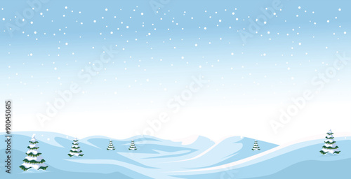 The image shows a serene winter landscape with soft, rolling snow-covered hills and scattered evergreen trees adorned with snow. Snowflakes gently fall from a clear, light blue sky.